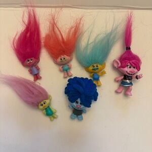 Set of 6 Troll Dolls with‎ Bright Fuzzy Hair and Colorful Outfits